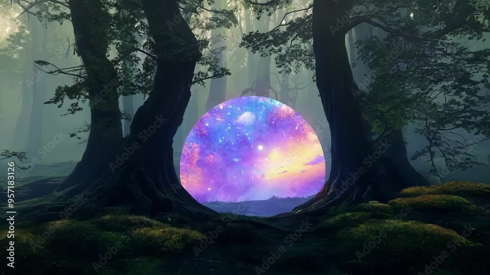 Poster Magical portal is glowing between two trees in a dark fantasy forest, revealing a colorful galaxy with nebulae and stars. The mysterious atmosphere invites to imagine new worlds and adventures
