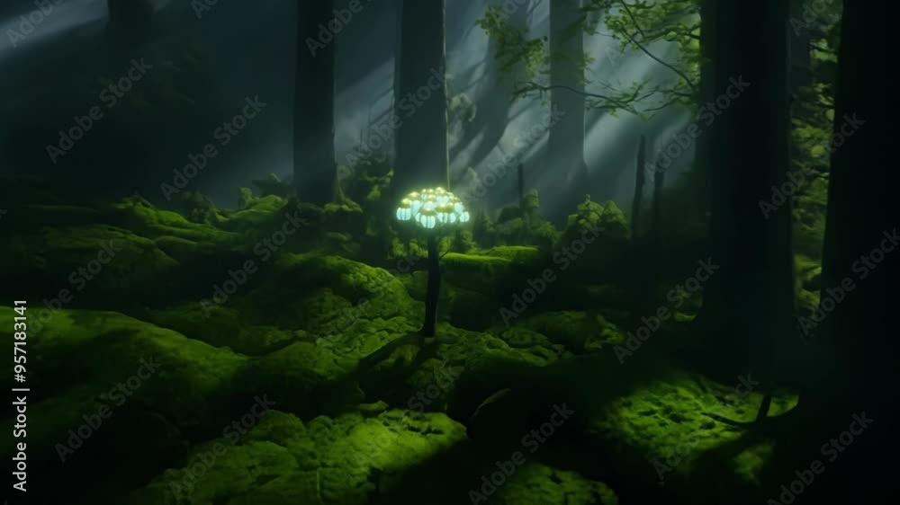 Poster Sunlight illuminating mysterious forest with glowing mushrooms and green moss, creating fairytale atmosphere