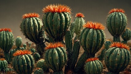 Obraz premium Green cactuses with orange flowers blooming in a desert landscape.