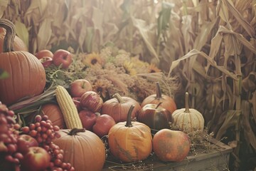 An abundant display of autumn harvest with pumpkins, apples, corn, and sunflowers set against a backdrop of dried cornstalks, emanating a warm, seasonal glow.