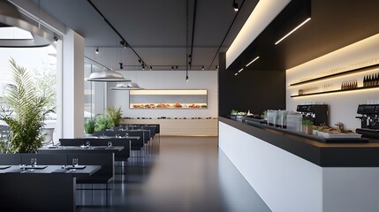 A modern, minimalist sushi restaurant interior with sleek black countertops, white walls, and a sushi bar in the center