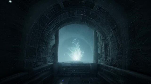 Mysterious ancient building with glowing runes and carvings is emanating a magical light, creating a captivating fantasy background