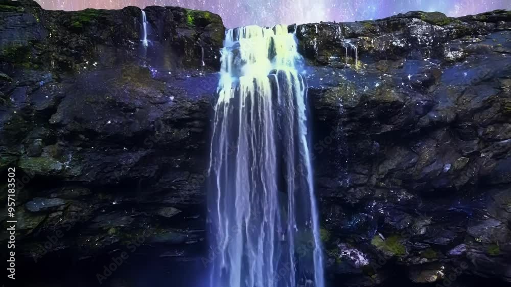 Poster Waterfall cascading down a mountainside at night surrounded by thousands of bright sparkles, creating a magical scene