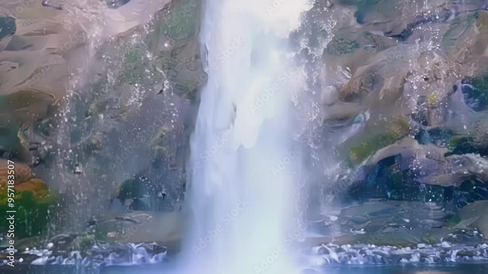 Aufkleber Waterfall is flowing down between rocks in a fantasy style, creating a beautiful and ethereal scene. The water cascades down with a mystical and dreamlike quality