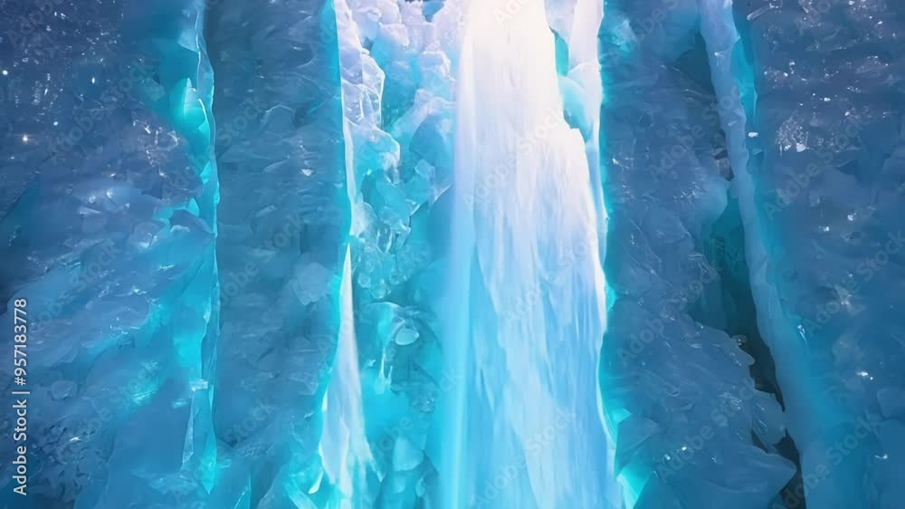 Poster mesmerizing frozen waterfall cascades with bright blue water, creating a magical scene that transpor