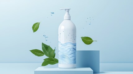 A shampoo bottle mockup crafted from recycled plastic, designed with wave patterns and floating leaves, conveying clean, natural ingredients and water conservation.