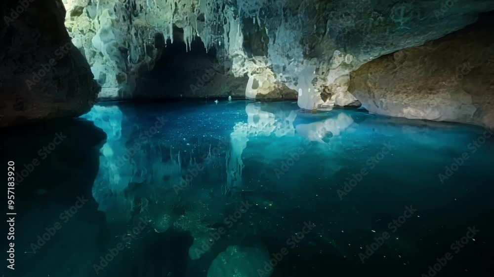 Aufkleber turquoise water reflecting stalactites hanging from the ceiling of a cave, creating a magical and my