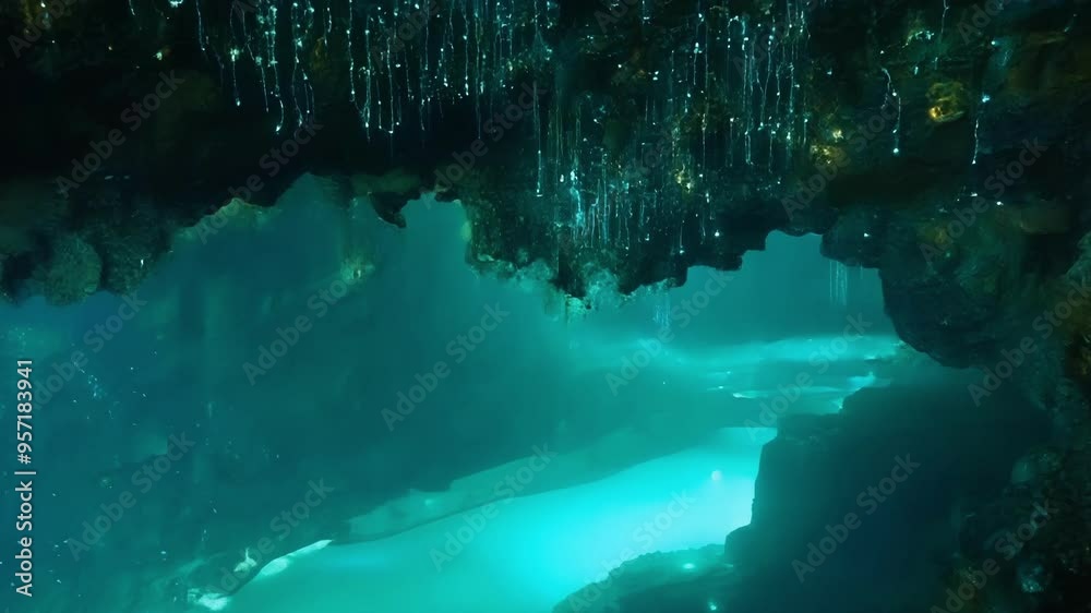 Poster turquoise water glowing in an underwater cave, illuminated by bioluminescent lights, creating a magi