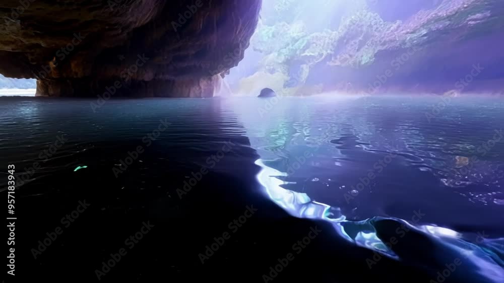 Poster Exploring a cave with a turquoise lake reflecting a purple sky, creating a surreal and enchanting landscape perfect for adventurous travelers seeking a dreamlike destination