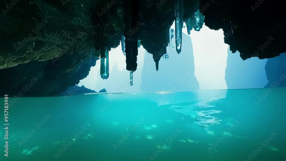 Poster turquoise water drips from stalactites inside a dark cave, creating a magical and mysterious atmosph