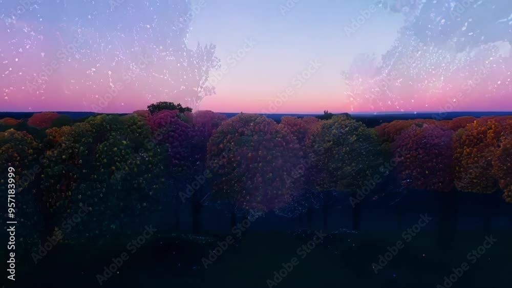 Poster Dirt path is leading through glowing trees at night while fireflies are flying around and illuminating the scenery with their bioluminescence
