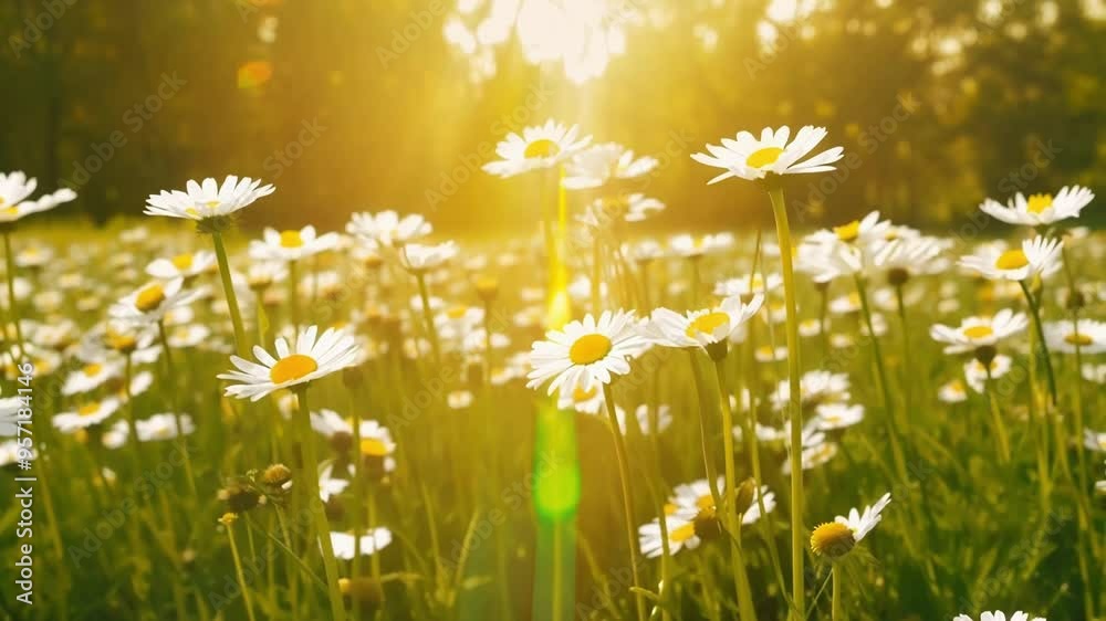 Poster Field of blooming daisies in the setting sun, creating a dreamy atmosphere with white and yellow flowers. Peaceful nature background