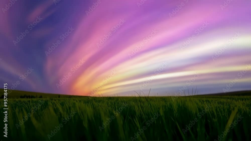 Poster green wheat is growing in a field, under a fantasy sunset sky with a beautiful rainbow. the colorful