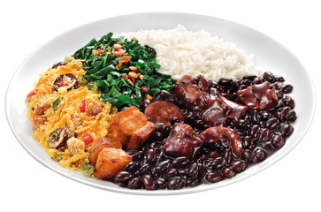 prato com receita brasileira feijoada acompanhado de arroz branco, couve refogada e farofa isolado em fundo transparente