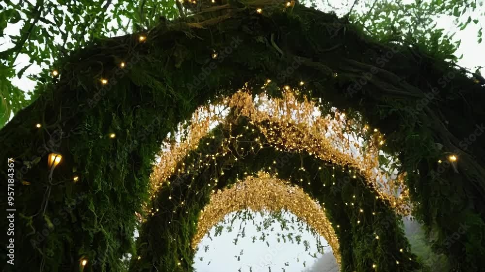 Poster Glowing string lights are woven through the branches of a lush forest canopy, creating a magical and enchanting atmosphere