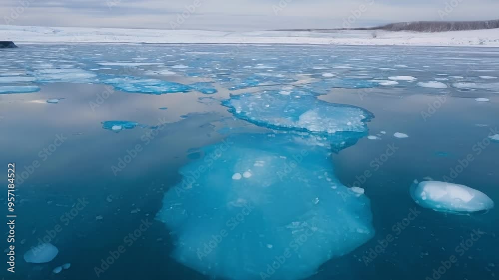Poster tranquil lake reflects the cloudy winter sky, with ice slowly melting on the turquoise water's surfa