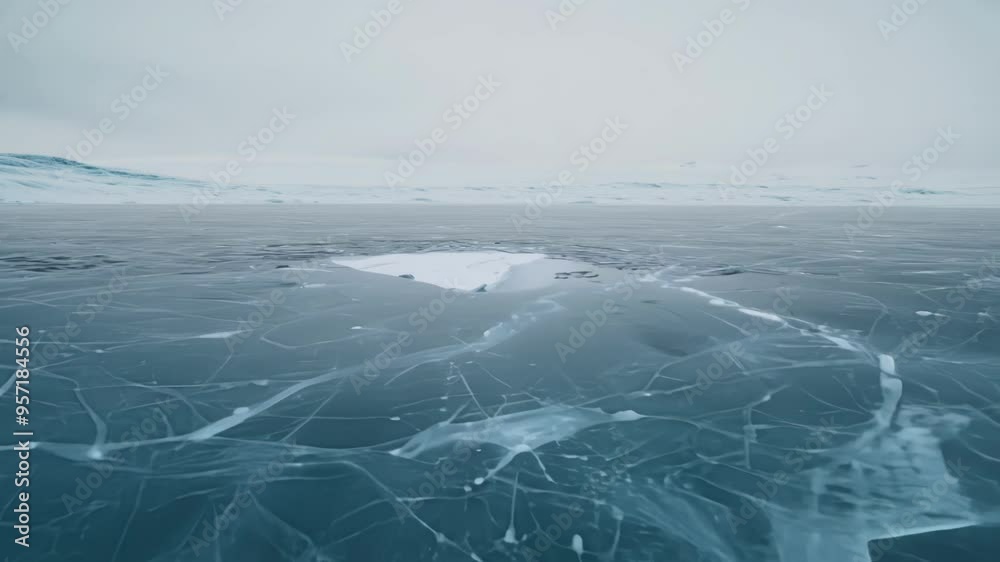 Poster Showing a frozen lake surface covered with snow and ice cracks on a cloudy day, this image evokes feelings of coldness and solitude