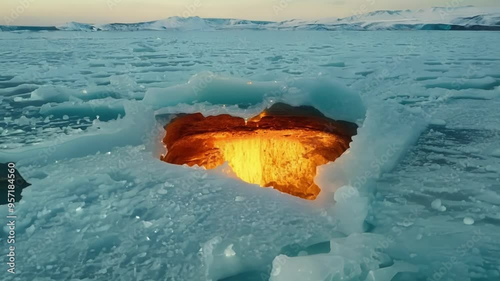 Poster beneath icy lake. glowing embers form heart shaped portal to fiery underworld. blending fire and ice