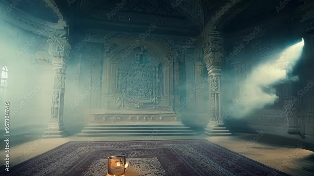 Poster Mysterious and ancient temple interior featuring intricate stone carvings and bathed in an ethereal, otherworldly light, creating a sense of awe and wonder