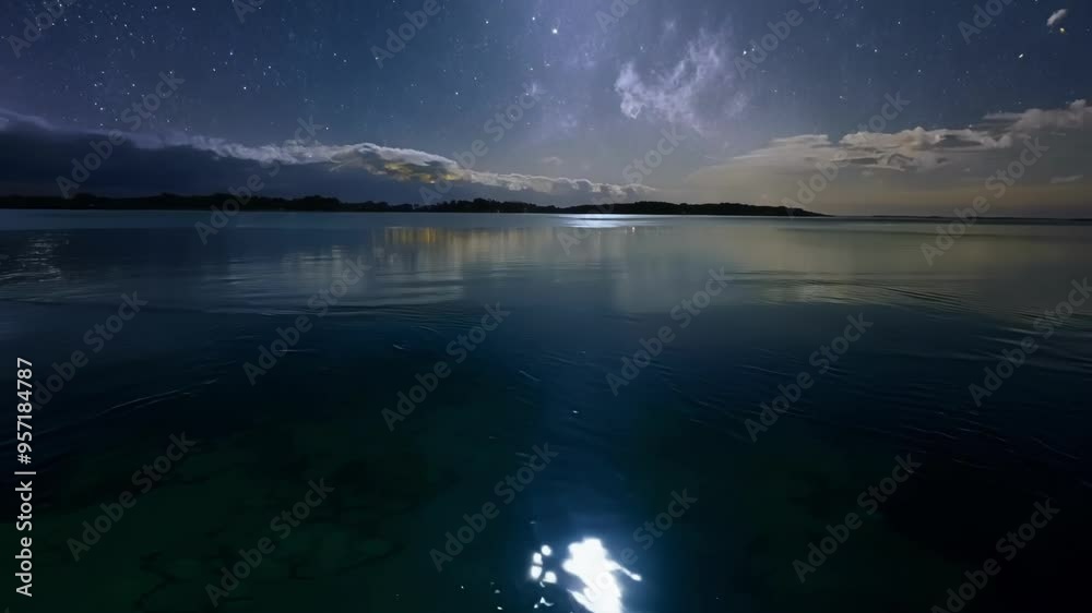 Poster moonlight is reflecting on the surface of a body of water at night, creating a magical and otherworl