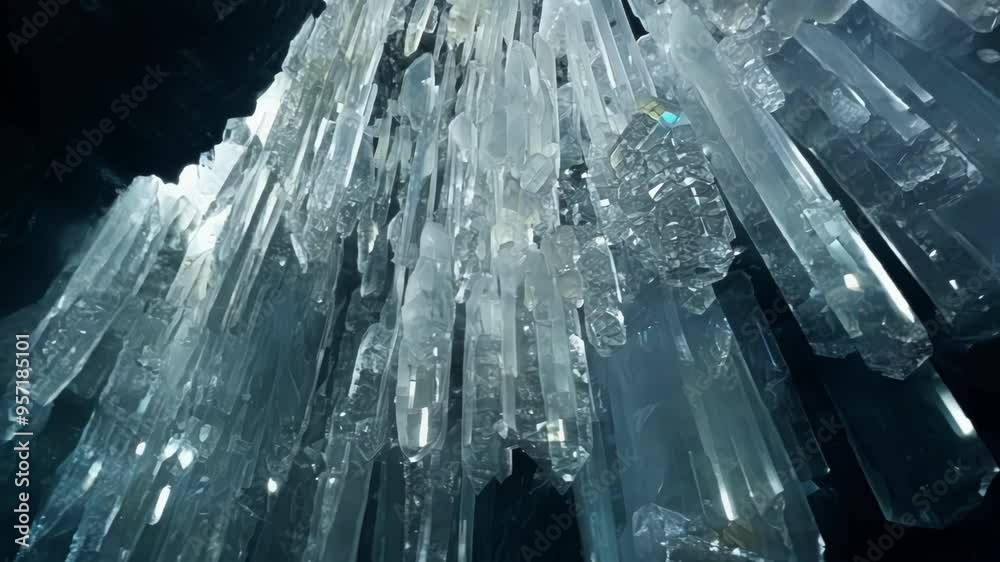 Poster icicles sparkling in a frozen cave, creating a magical and fantasy atmosphere. the light reflects on
