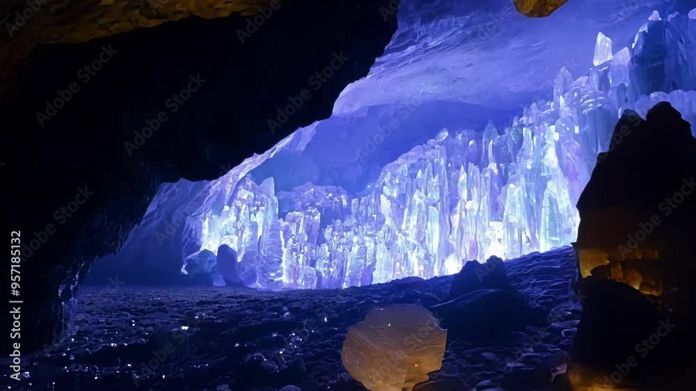 Poster mesmerizing view inside a cave illuminated by an otherworldly blue light, showcasing stunning stalag