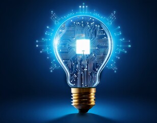 Glowing light bulb with circuit board inside on dark blue background, mockup