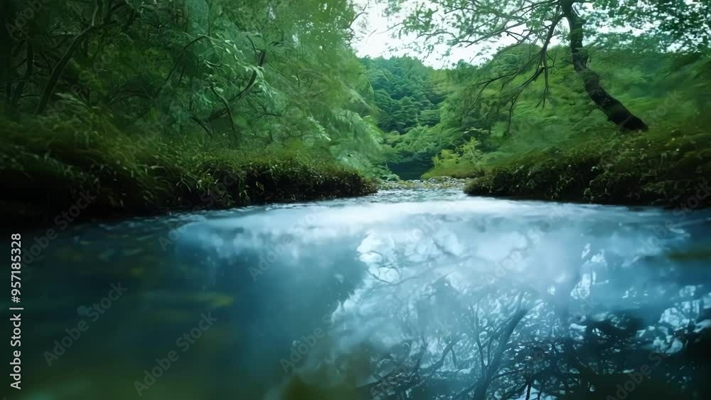 Poster Rushing river flows through a vibrant green forest, creating a magical and serene atmosphere that transports you to a fantasy world