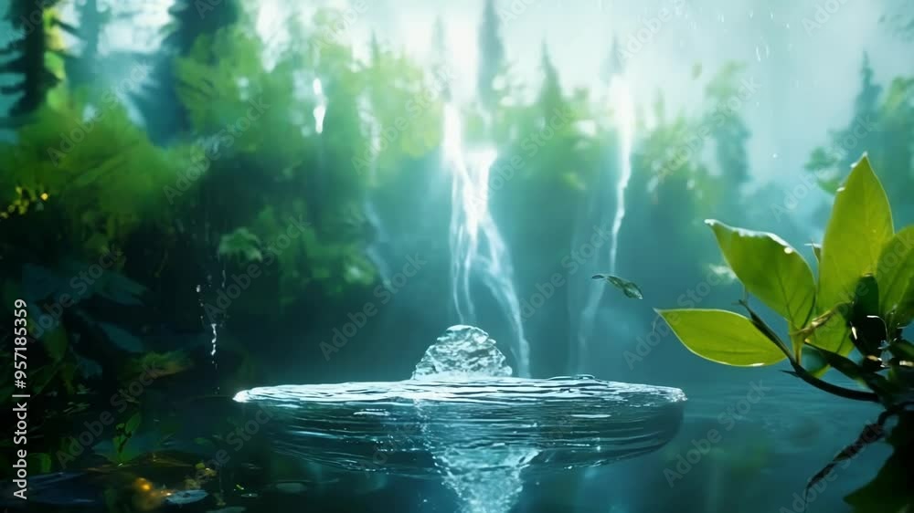 Poster sunlight is shining through the canopy of a lush green forest, illuminating a waterfall flowing over