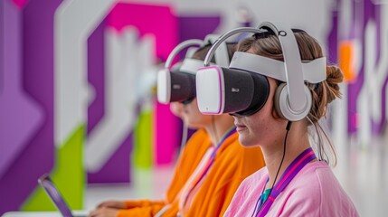 Young Adult Women Engaged in Virtual Learning Session Using Laptops and VR Headsets in Modern Educational Setting - Daytime Focus on Technology