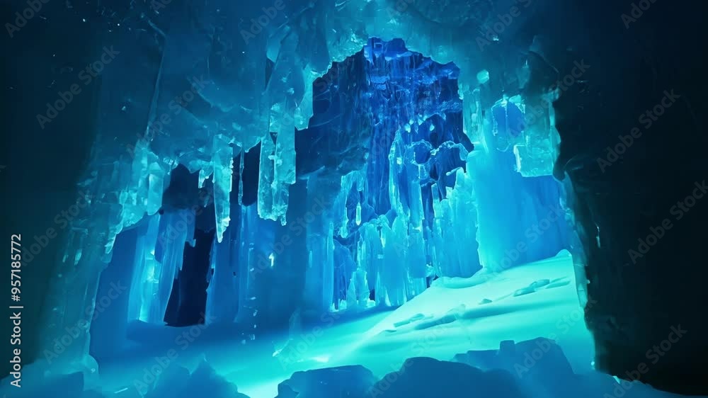 Poster The mesmerizing turquoise light bathes the ice cave, casting a magical glow on snow and icicles, creating an enchanting and mysterious scene perfect for exploring