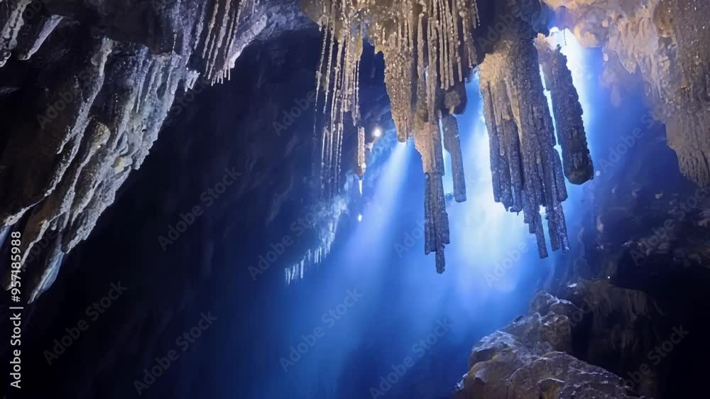 Poster mysterious blue light is illuminating the stalactites hanging from the ceiling of a dark cave, creat