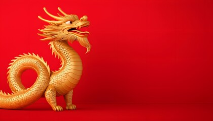 Fototapeta premium A majestic golden dragon stands proudly against a vibrant red background, symbolizing power and strength in Chinese culture.