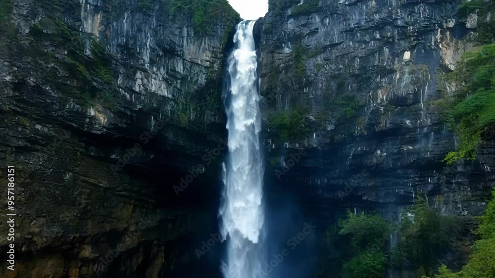 Poster powerful waterfall cascading down a steep cliff, surrounded by rugged rocks and lush greenery in a m