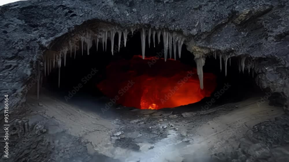 Poster red hot lava is flowing inside a volcano vent opening, creating a fantasy scene reminiscent of hell.