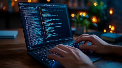 Hands typing on a mechanical keyboard with multiple code windows open, software development process, coding in action