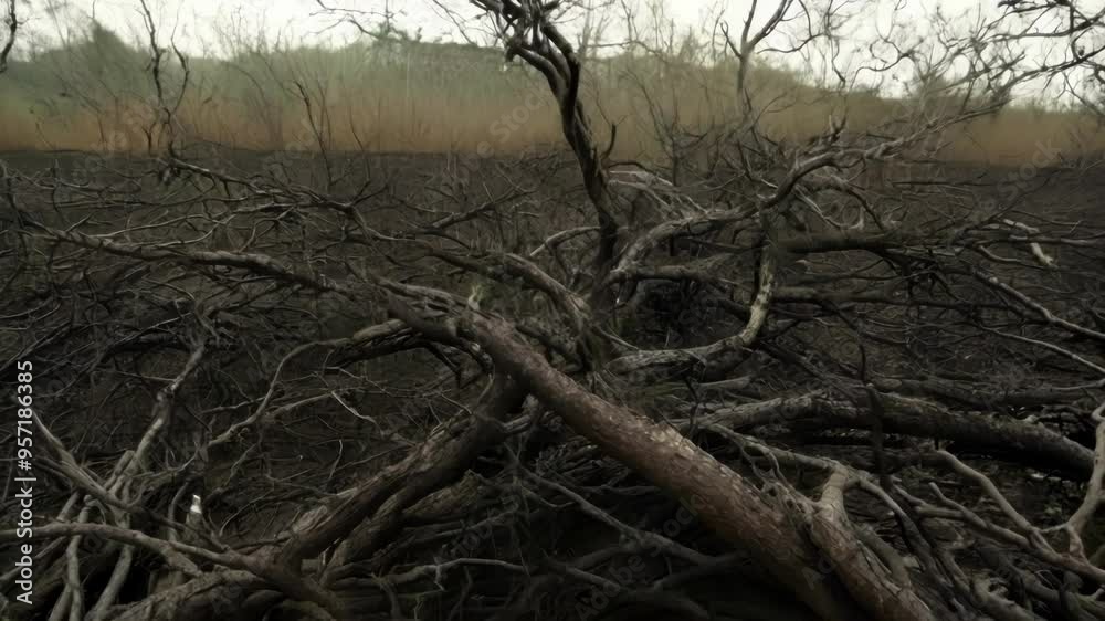 Poster Leafless trees are dominating the foreground of a desolate landscape covered in ash, with a line of vegetation in the background hinting at the possibility of life returning