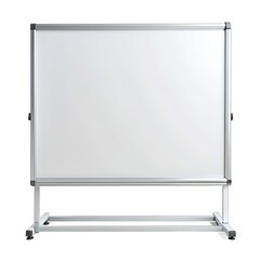 A blank, white whiteboard stands on a metal stand against a white background