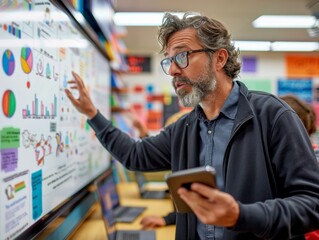 Mature Male Teacher Using Interactive Whiteboard in Modern Classroom with Diverse Students on Tablets, Daytime, Collaborative Learning
