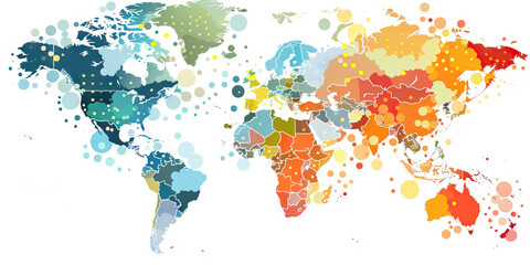 Obraz premium A world map showing regional market performance in various industries, with colored dots indicating growth or decline for easy reference.