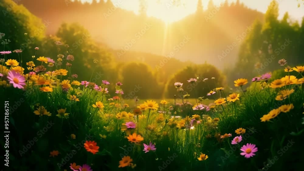 Poster vibrant meadow is filled with colorful wildflowers, illuminated by the warm glow of the setting sun,