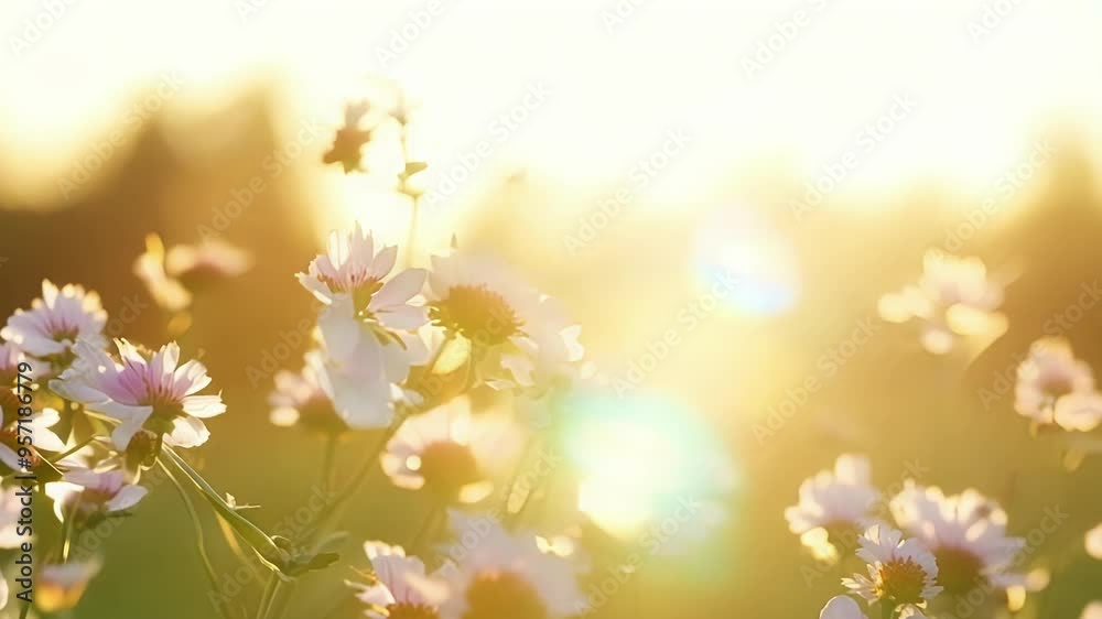 Poster White flowers are blooming in a field, illuminated by the warm glow of the setting sun, creating a magical and enchanting atmosphere