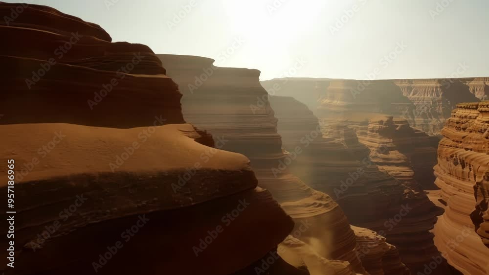 Poster sunlight is bathing the peaks of a canyon in warm light, creating a mesmerizing spectacle. the red r