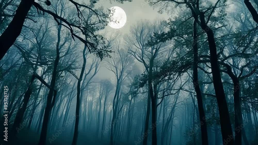 Aufkleber The dark forest at dusk is shrouded in eerie fog, creating a spooky atmosphere with mystical shadows and hints of light filtering through the branches