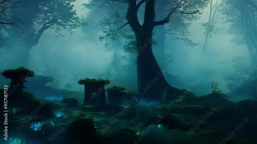 Poster Mysterious glowing light illuminates ancient ruins in a foggy and ethereal forest, creating a captivating and otherworldly atmosphere