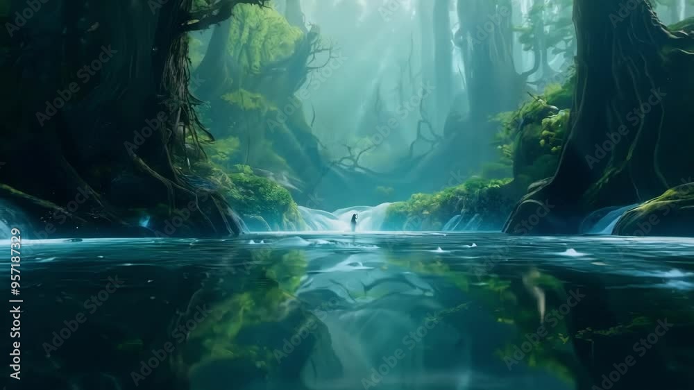 Poster Sunlight piercing through fog on a serene waterfall in an enchanting forest, creating a magical and peaceful scene with moss covered rocks and lush greenery