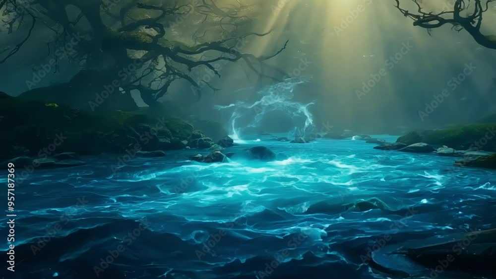 Poster sunbeams gently illuminate a turquoise river flowing through a fantasy forest, creating a magical an