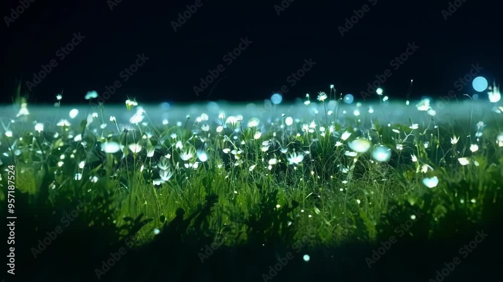 Poster Magical field of glowing flowers is illuminating a mysterious meadow at night. The enchanted field is full of glowing flowers and fog