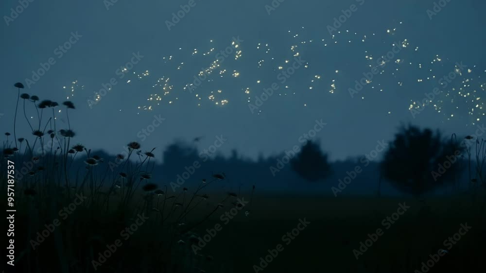 Aufkleber fireflies gracefully fly over a meadow on a summer evening, creating a magical twilight scene that f