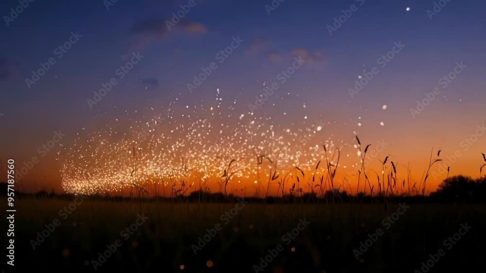 Poster magical lights flow over a grassy field at sunset, blending warm colors with golden hues, creating a